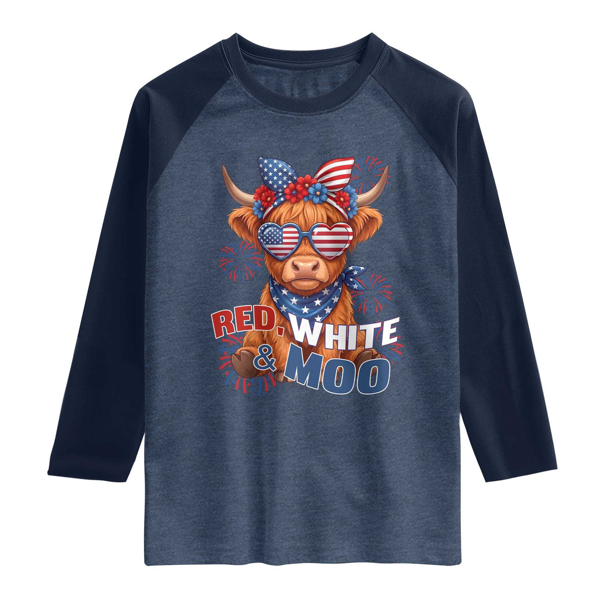 Red White and Moo Funny Patriotic Highland Cow Raglan Shirt Cute American Flag Sunglasses and Bandana Summer Fireworks