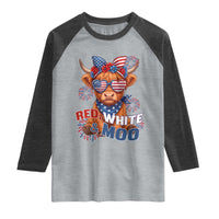 Red White and Moo Funny Patriotic Highland Cow Raglan Shirt Cute American Flag Sunglasses and Bandana Summer Fireworks