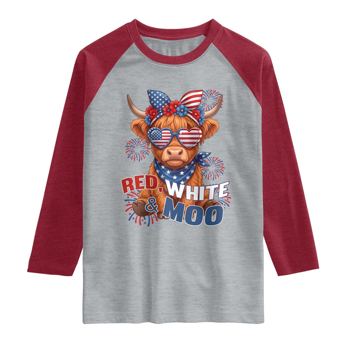 Red White and Moo Funny Patriotic Highland Cow Raglan Shirt Cute American Flag Sunglasses and Bandana Summer Fireworks