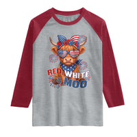Red White and Moo Funny Patriotic Highland Cow Raglan Shirt Cute American Flag Sunglasses and Bandana Summer Fireworks