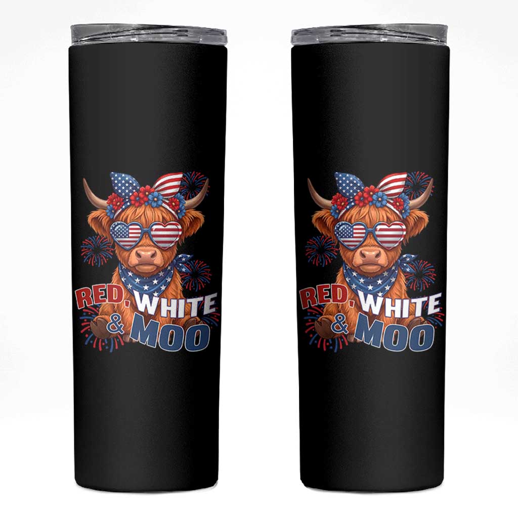 Red White and Moo Funny Patriotic Highland Cow Skinny Tumbler Cute American Flag Sunglasses and Bandana Summer Fireworks