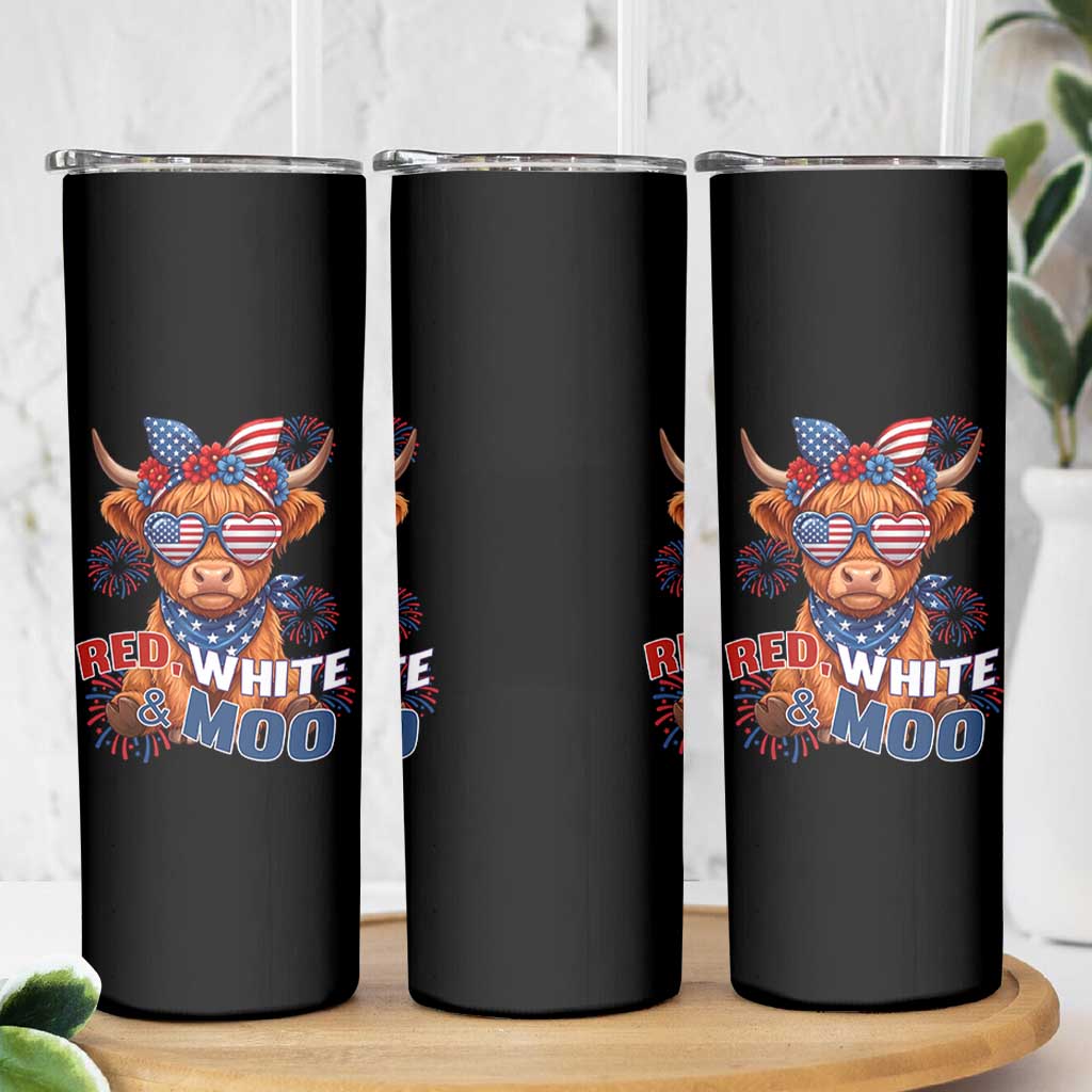 Red White and Moo Funny Patriotic Highland Cow Skinny Tumbler Cute American Flag Sunglasses and Bandana Summer Fireworks