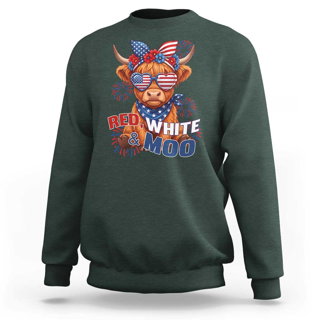 Red White and Moo Funny Patriotic Highland Cow Sweatshirt Cute American Flag Sunglasses and Bandana Summer Fireworks