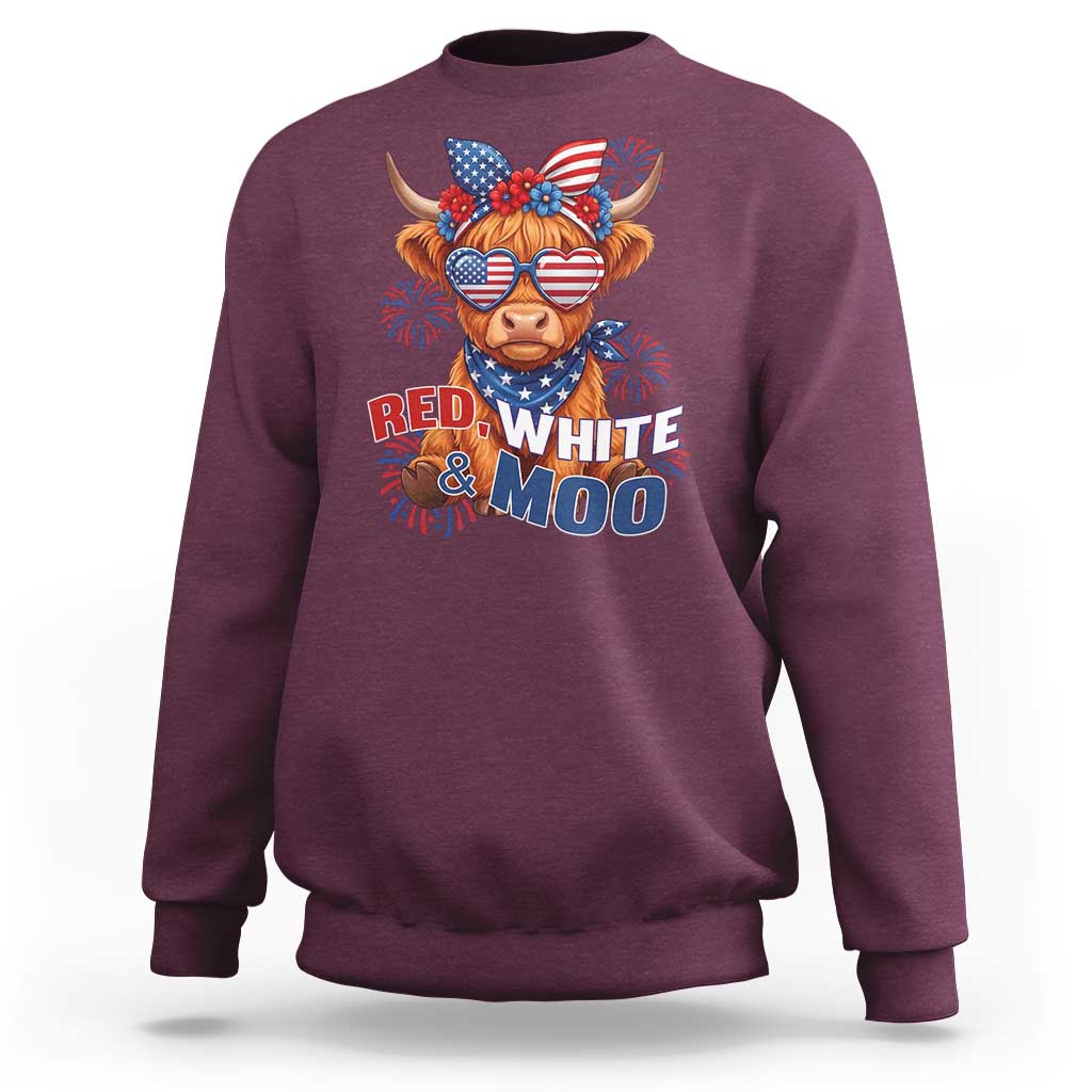 Red White and Moo Funny Patriotic Highland Cow Sweatshirt Cute American Flag Sunglasses and Bandana Summer Fireworks