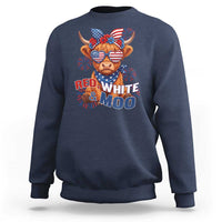 Red White and Moo Funny Patriotic Highland Cow Sweatshirt Cute American Flag Sunglasses and Bandana Summer Fireworks