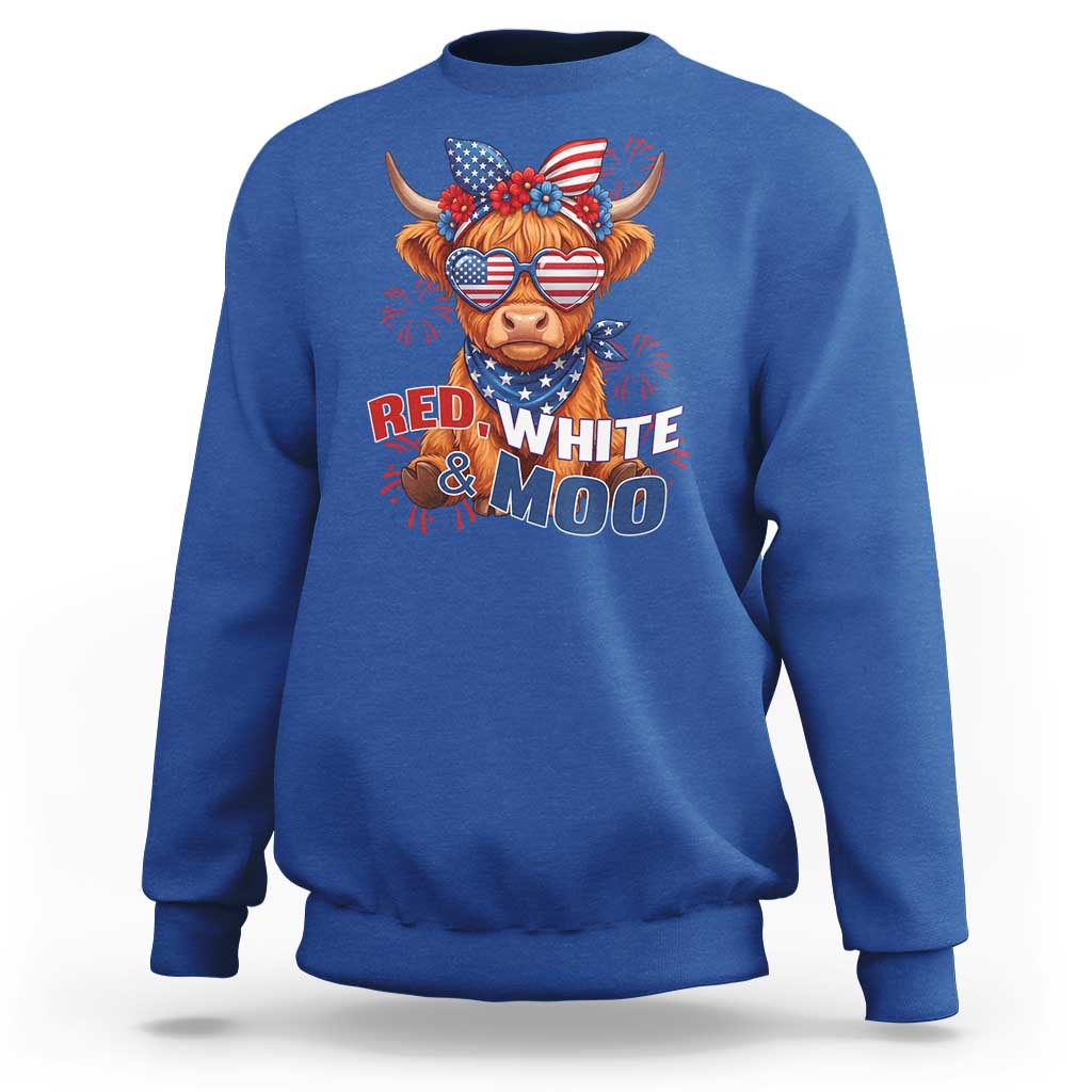 Red White and Moo Funny Patriotic Highland Cow Sweatshirt Cute American Flag Sunglasses and Bandana Summer Fireworks