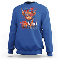 Red White and Moo Funny Patriotic Highland Cow Sweatshirt Cute American Flag Sunglasses and Bandana Summer Fireworks