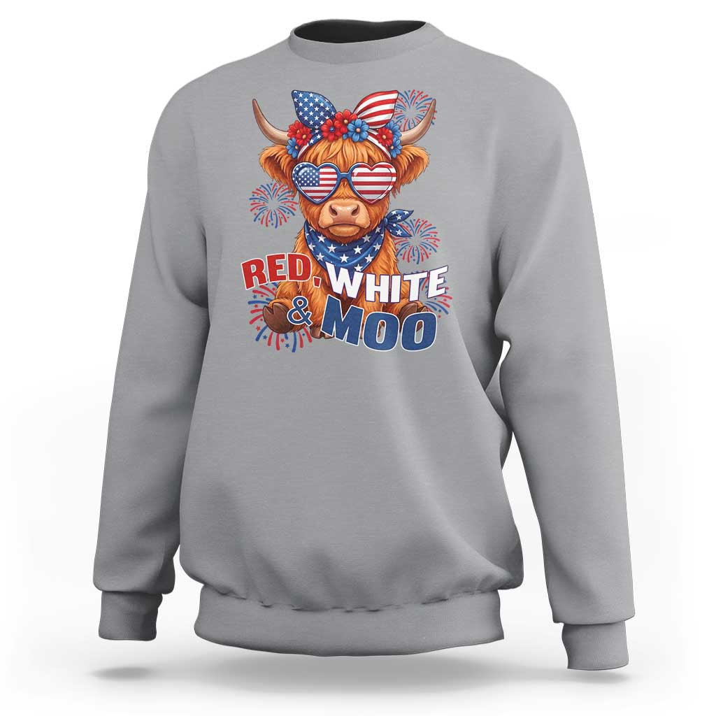 Red White and Moo Funny Patriotic Highland Cow Sweatshirt Cute American Flag Sunglasses and Bandana Summer Fireworks