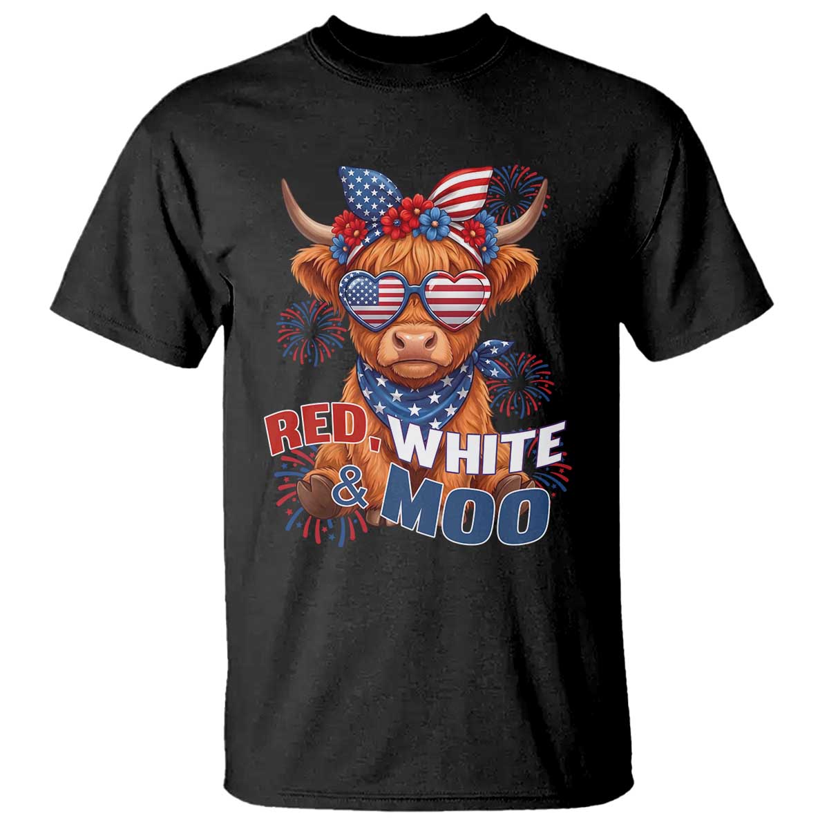 Red White and Moo Funny Patriotic Highland Cow T Shirt Cute American Flag Sunglasses and Bandana Summer Fireworks