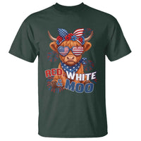 Red White and Moo Funny Patriotic Highland Cow T Shirt Cute American Flag Sunglasses and Bandana Summer Fireworks