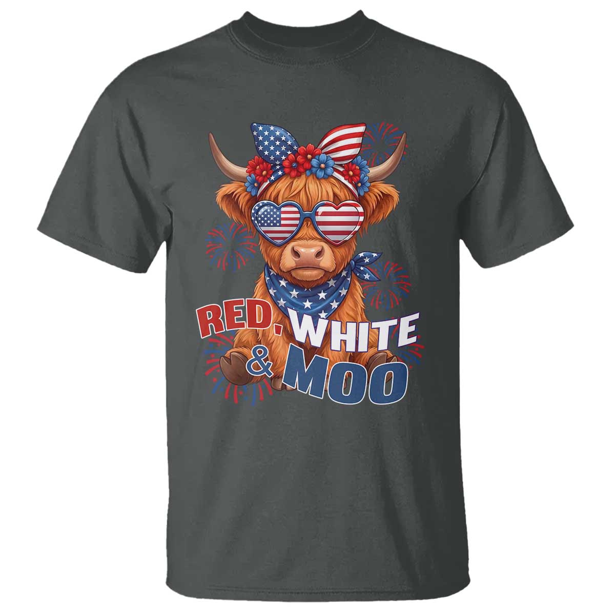 Red White and Moo Funny Patriotic Highland Cow T Shirt Cute American Flag Sunglasses and Bandana Summer Fireworks