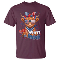 Red White and Moo Funny Patriotic Highland Cow T Shirt Cute American Flag Sunglasses and Bandana Summer Fireworks