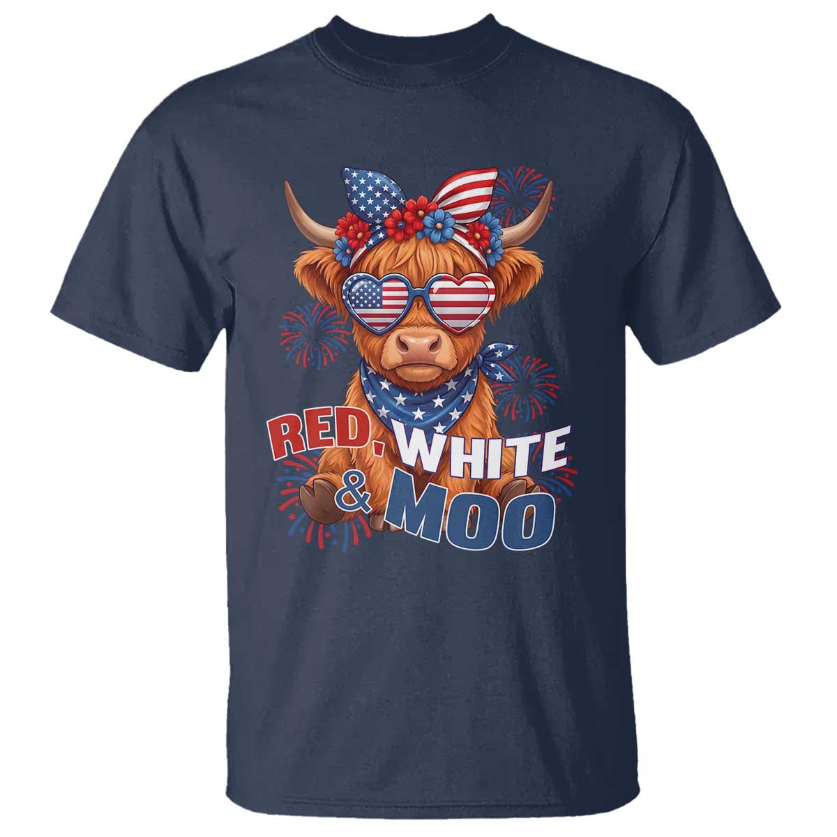 Red White and Moo Funny Patriotic Highland Cow T Shirt Cute American Flag Sunglasses and Bandana Summer Fireworks