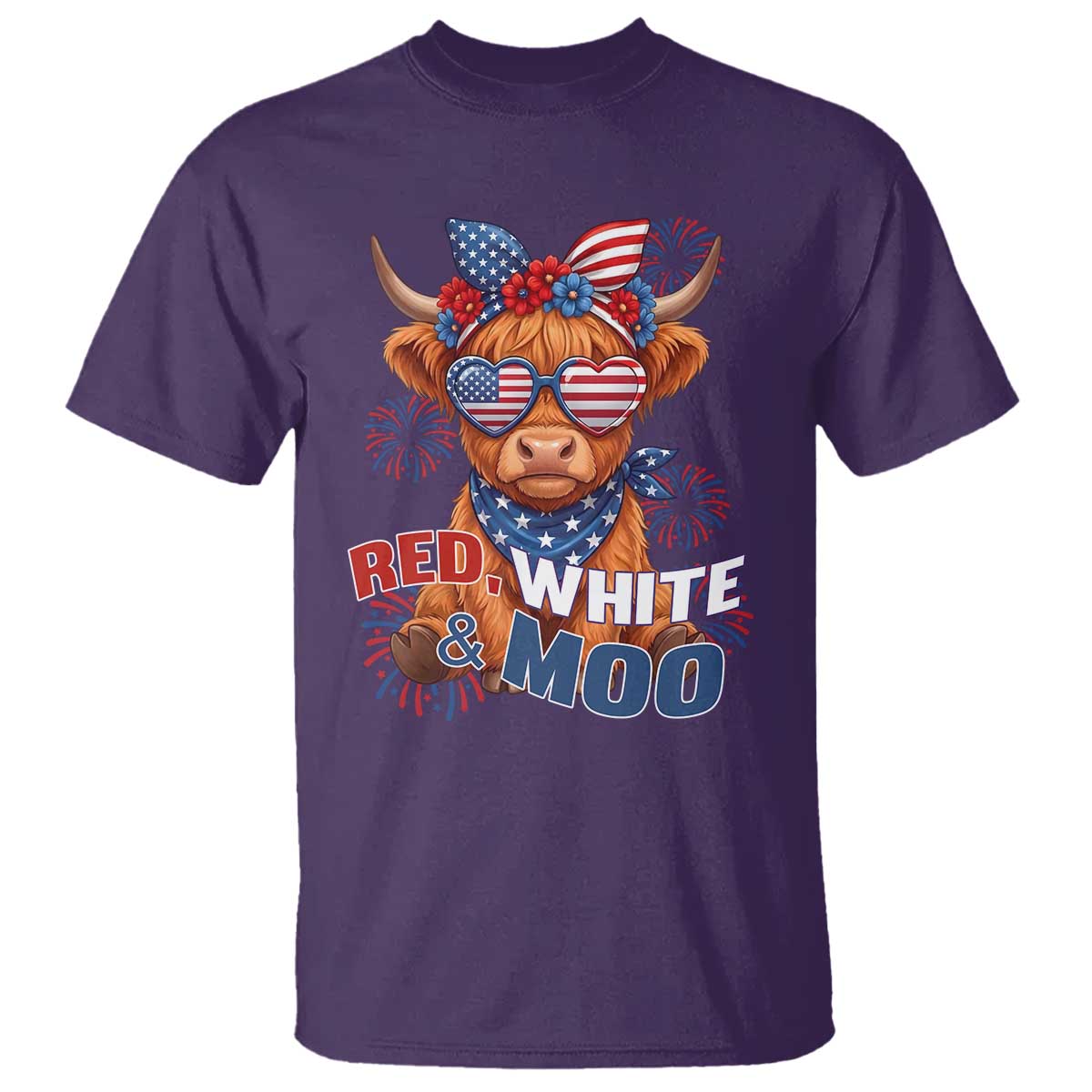 Red White and Moo Funny Patriotic Highland Cow T Shirt Cute American Flag Sunglasses and Bandana Summer Fireworks