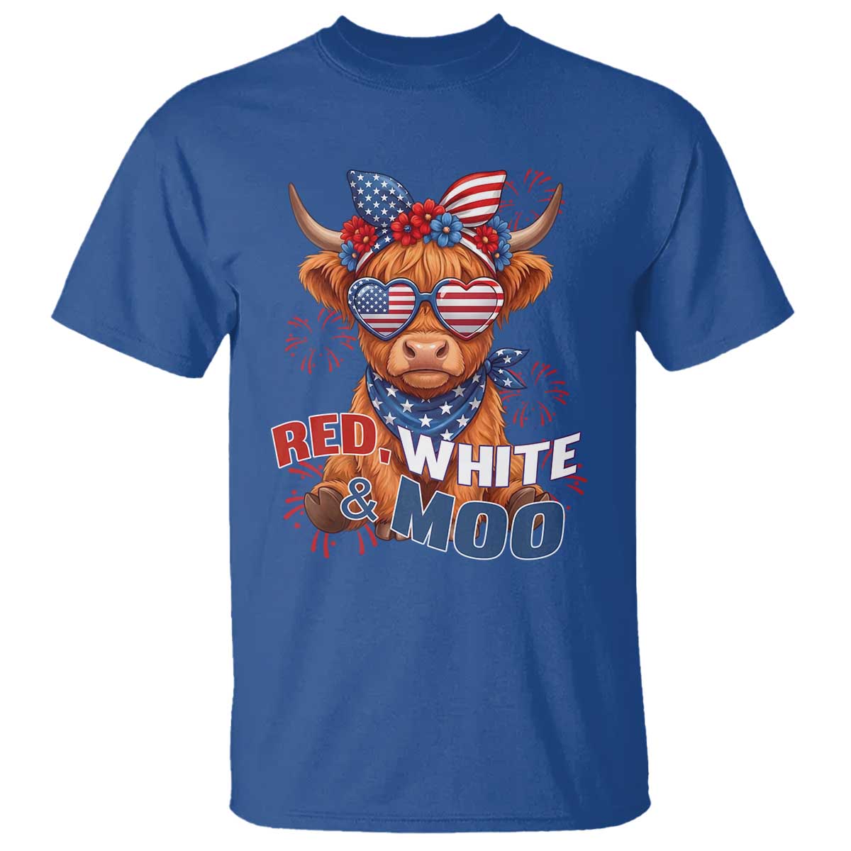 Red White and Moo Funny Patriotic Highland Cow T Shirt Cute American Flag Sunglasses and Bandana Summer Fireworks