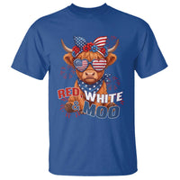 Red White and Moo Funny Patriotic Highland Cow T Shirt Cute American Flag Sunglasses and Bandana Summer Fireworks