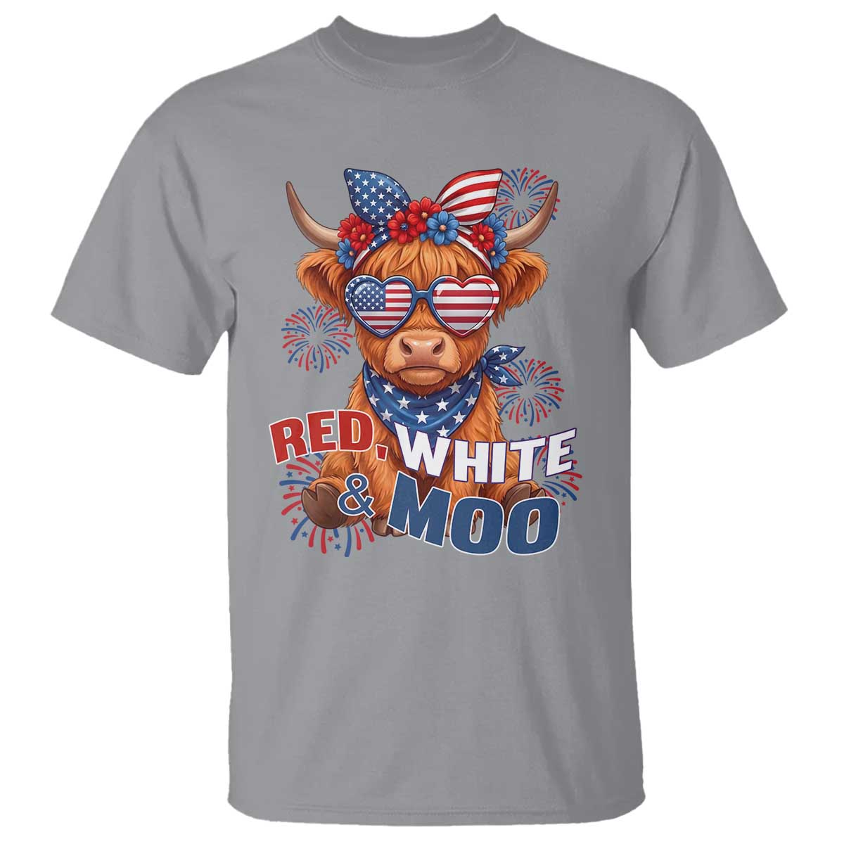 Red White and Moo Funny Patriotic Highland Cow T Shirt Cute American Flag Sunglasses and Bandana Summer Fireworks