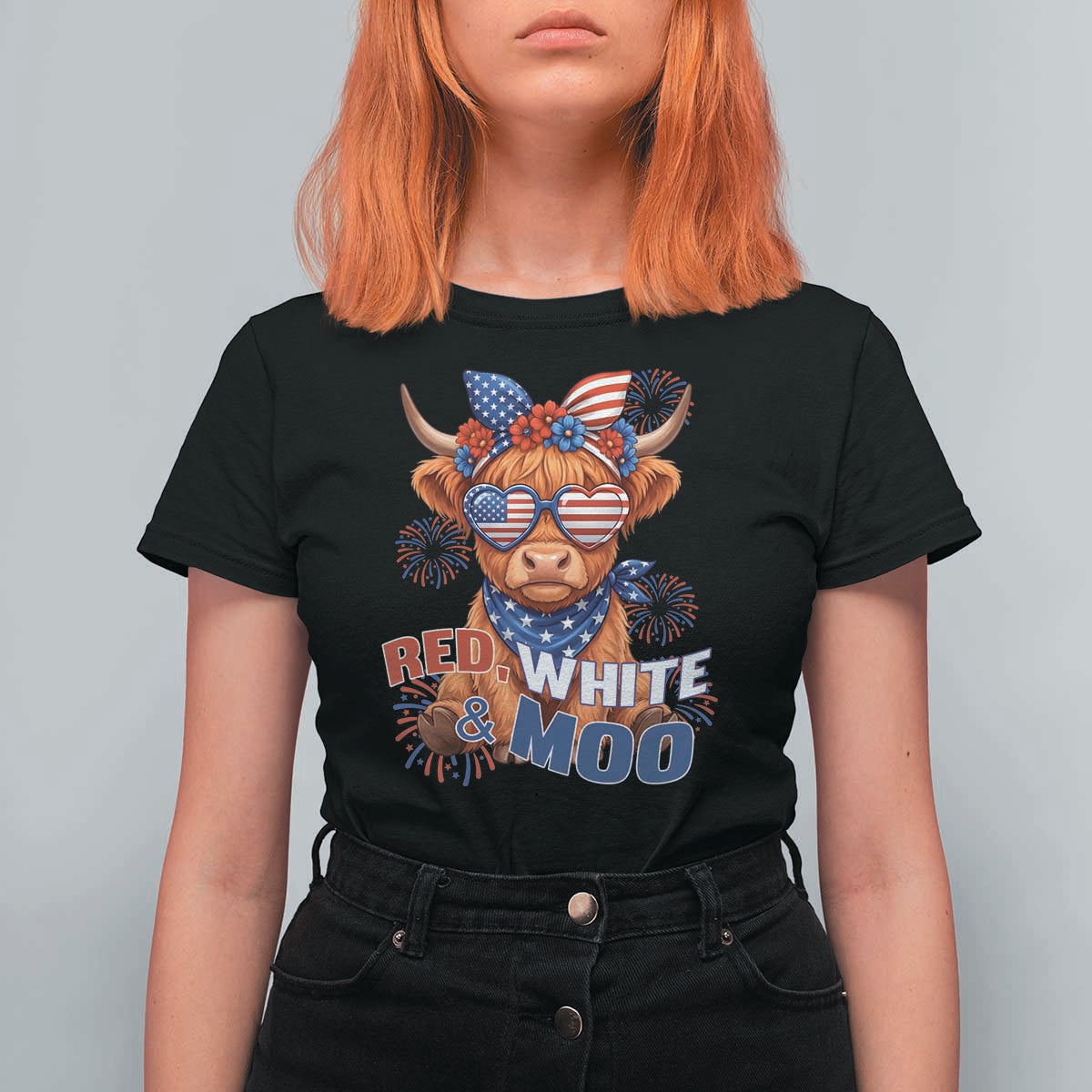 Red White and Moo Funny Patriotic Highland Cow T Shirt For Women Cute American Flag Sunglasses and Bandana Summer Fireworks