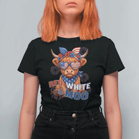 Red White and Moo Funny Patriotic Highland Cow T Shirt For Women Cute American Flag Sunglasses and Bandana Summer Fireworks