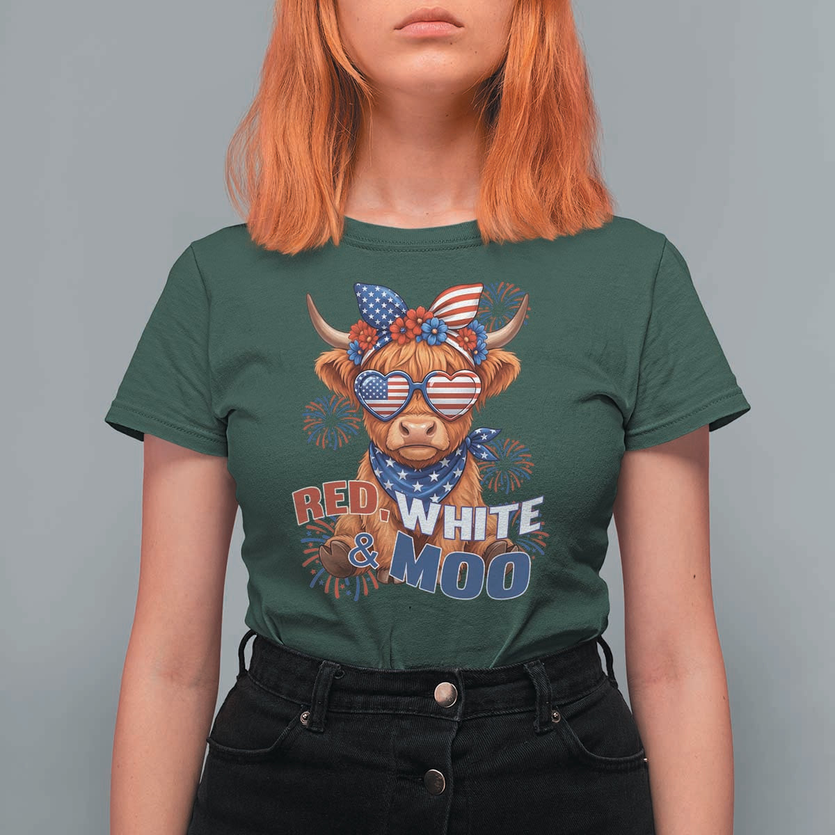 Red White and Moo Funny Patriotic Highland Cow T Shirt For Women Cute American Flag Sunglasses and Bandana Summer Fireworks