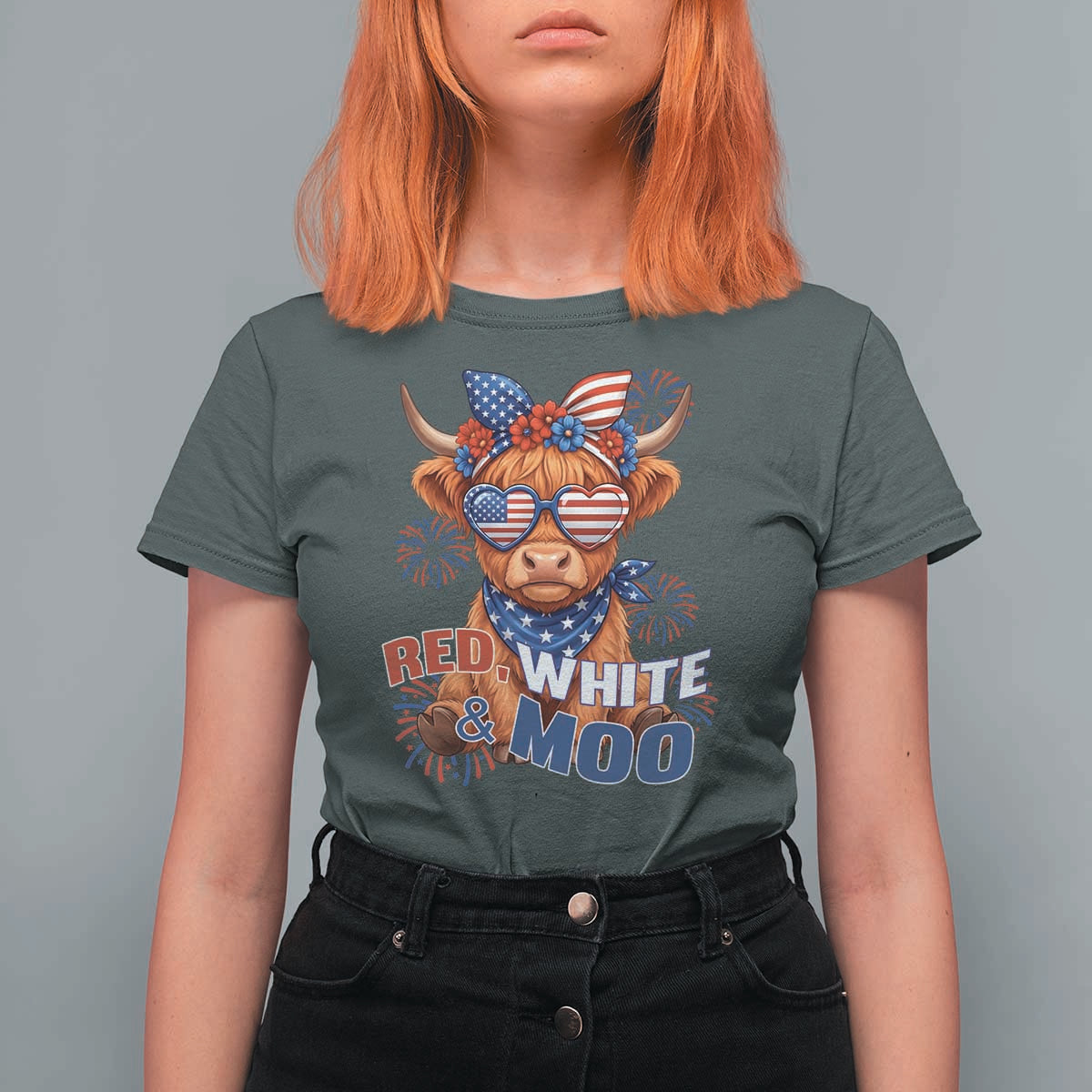 Red White and Moo Funny Patriotic Highland Cow T Shirt For Women Cute American Flag Sunglasses and Bandana Summer Fireworks