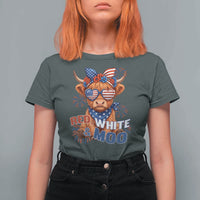 Red White and Moo Funny Patriotic Highland Cow T Shirt For Women Cute American Flag Sunglasses and Bandana Summer Fireworks
