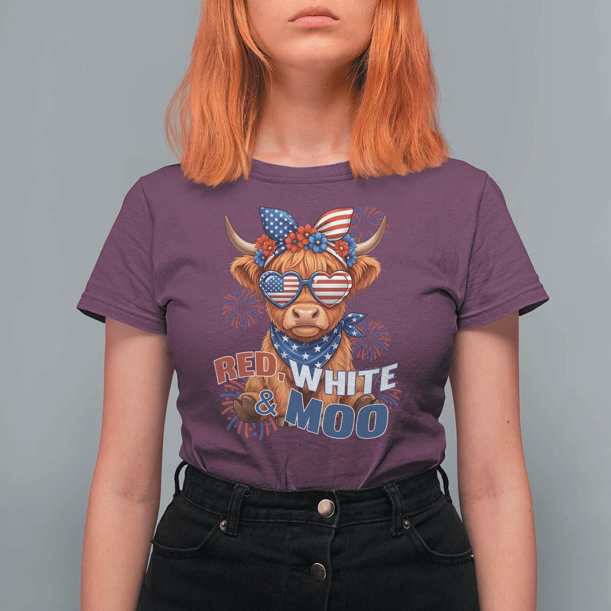 Red White and Moo Funny Patriotic Highland Cow T Shirt For Women Cute American Flag Sunglasses and Bandana Summer Fireworks