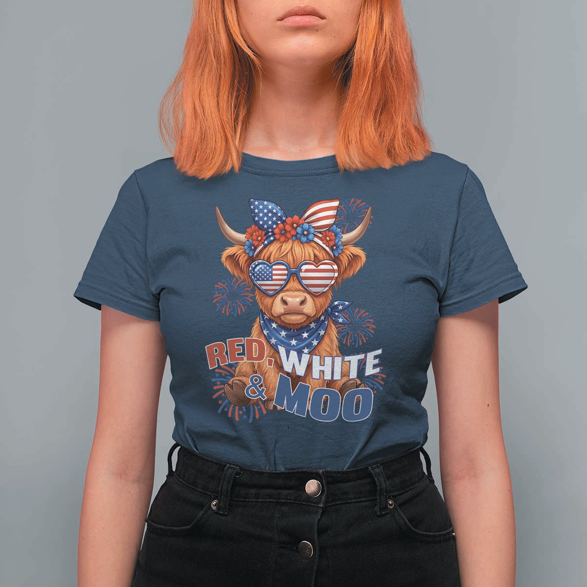 Red White and Moo Funny Patriotic Highland Cow T Shirt For Women Cute American Flag Sunglasses and Bandana Summer Fireworks