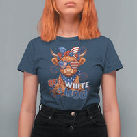 Red White and Moo Funny Patriotic Highland Cow T Shirt For Women Cute American Flag Sunglasses and Bandana Summer Fireworks