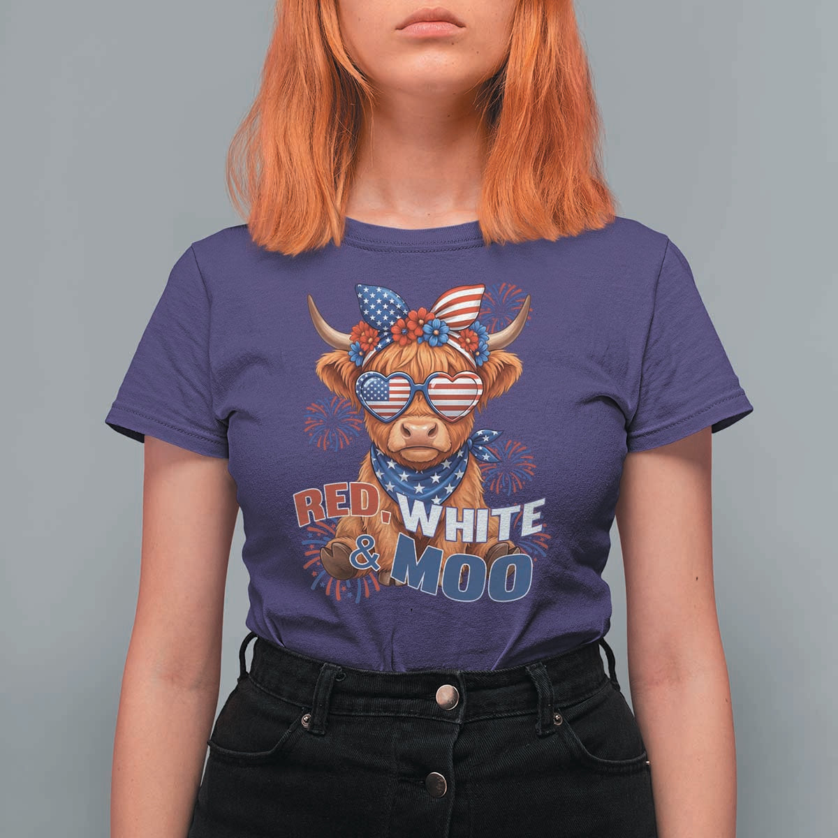 Red White and Moo Funny Patriotic Highland Cow T Shirt For Women Cute American Flag Sunglasses and Bandana Summer Fireworks