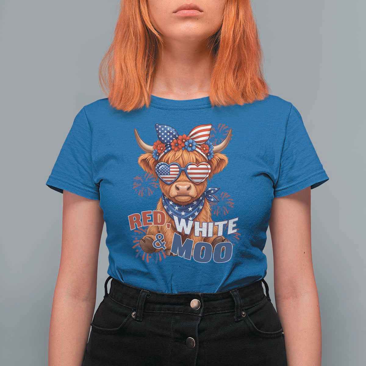 Red White and Moo Funny Patriotic Highland Cow T Shirt For Women Cute American Flag Sunglasses and Bandana Summer Fireworks