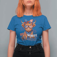 Red White and Moo Funny Patriotic Highland Cow T Shirt For Women Cute American Flag Sunglasses and Bandana Summer Fireworks