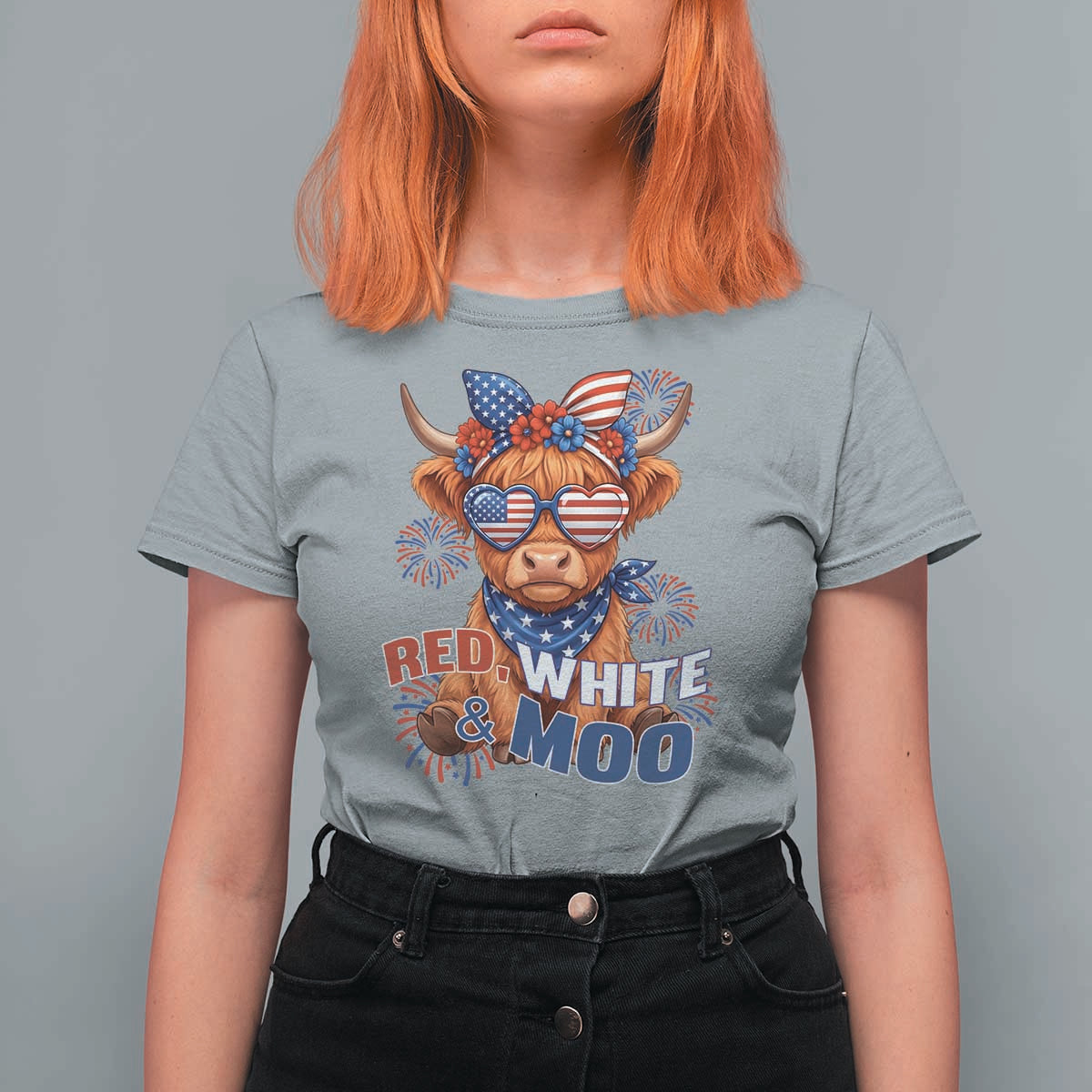 Red White and Moo Funny Patriotic Highland Cow T Shirt For Women Cute American Flag Sunglasses and Bandana Summer Fireworks