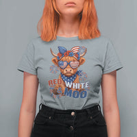 Red White and Moo Funny Patriotic Highland Cow T Shirt For Women Cute American Flag Sunglasses and Bandana Summer Fireworks