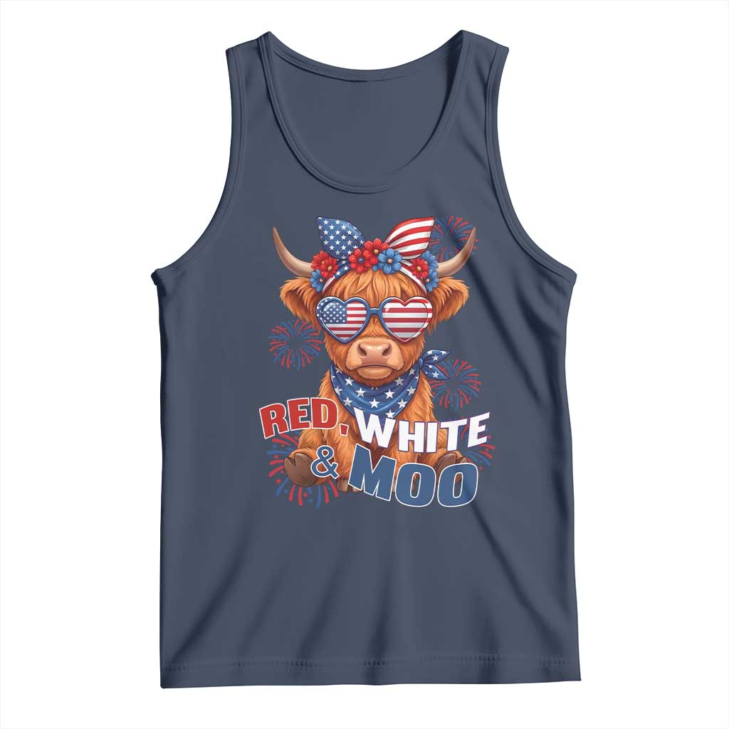 Red White and Moo Funny Patriotic Highland Cow Tank Top Cute American Flag Sunglasses and Bandana Summer Fireworks