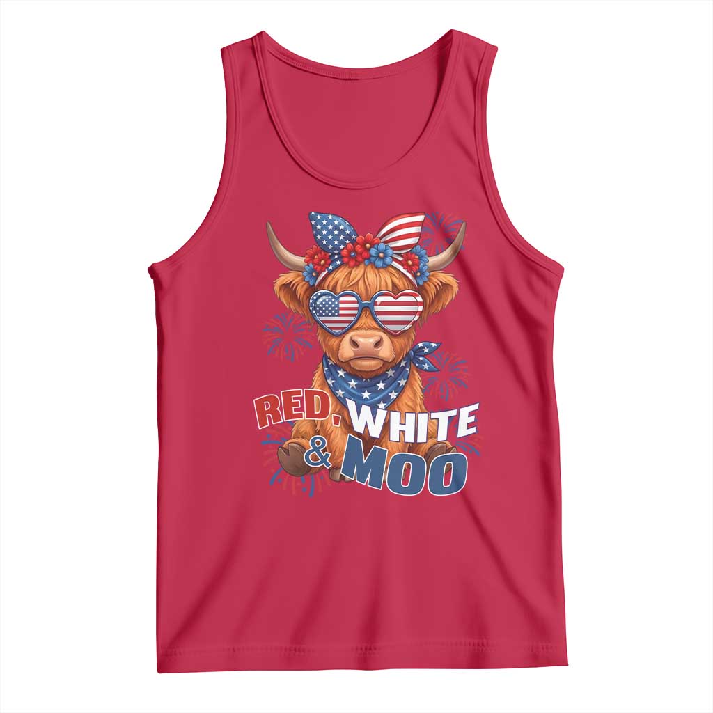 Red White and Moo Funny Patriotic Highland Cow Tank Top Cute American Flag Sunglasses and Bandana Summer Fireworks