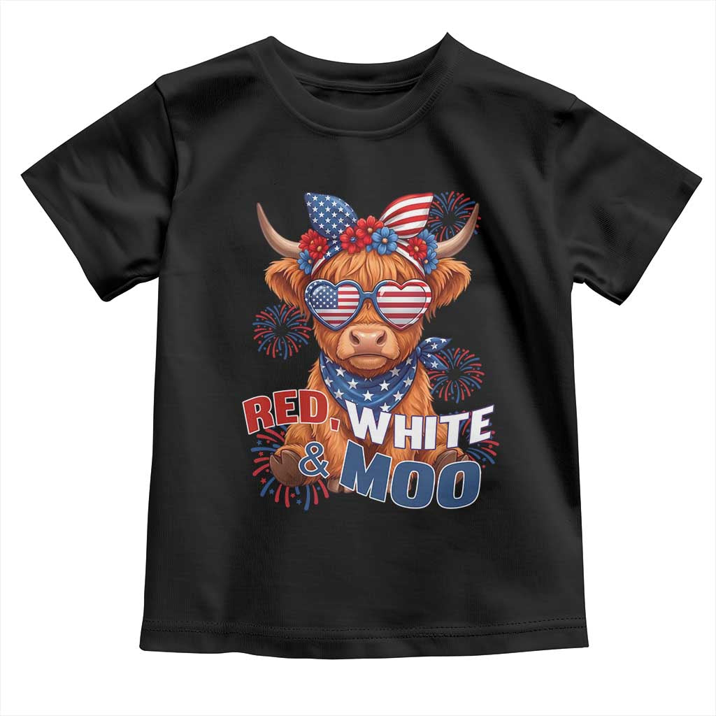 Red White and Moo Funny Patriotic Highland Cow Toddler T Shirt Cute American Flag Sunglasses and Bandana Summer Fireworks
