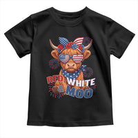 Red White and Moo Funny Patriotic Highland Cow Toddler T Shirt Cute American Flag Sunglasses and Bandana Summer Fireworks