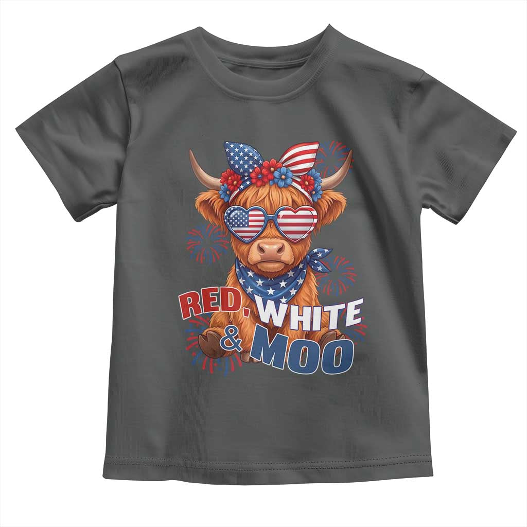 Red White and Moo Funny Patriotic Highland Cow Toddler T Shirt Cute American Flag Sunglasses and Bandana Summer Fireworks