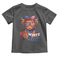 Red White and Moo Funny Patriotic Highland Cow Toddler T Shirt Cute American Flag Sunglasses and Bandana Summer Fireworks