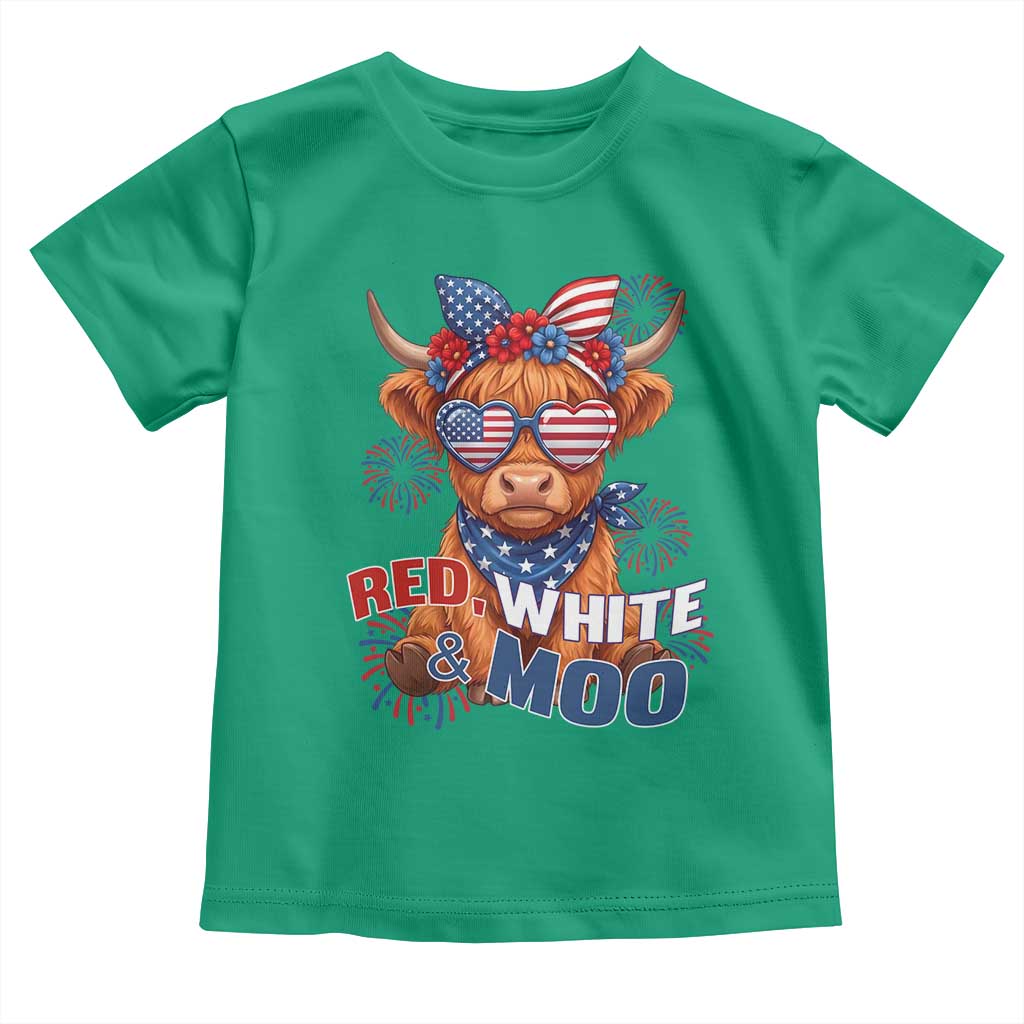 Red White and Moo Funny Patriotic Highland Cow Toddler T Shirt Cute American Flag Sunglasses and Bandana Summer Fireworks