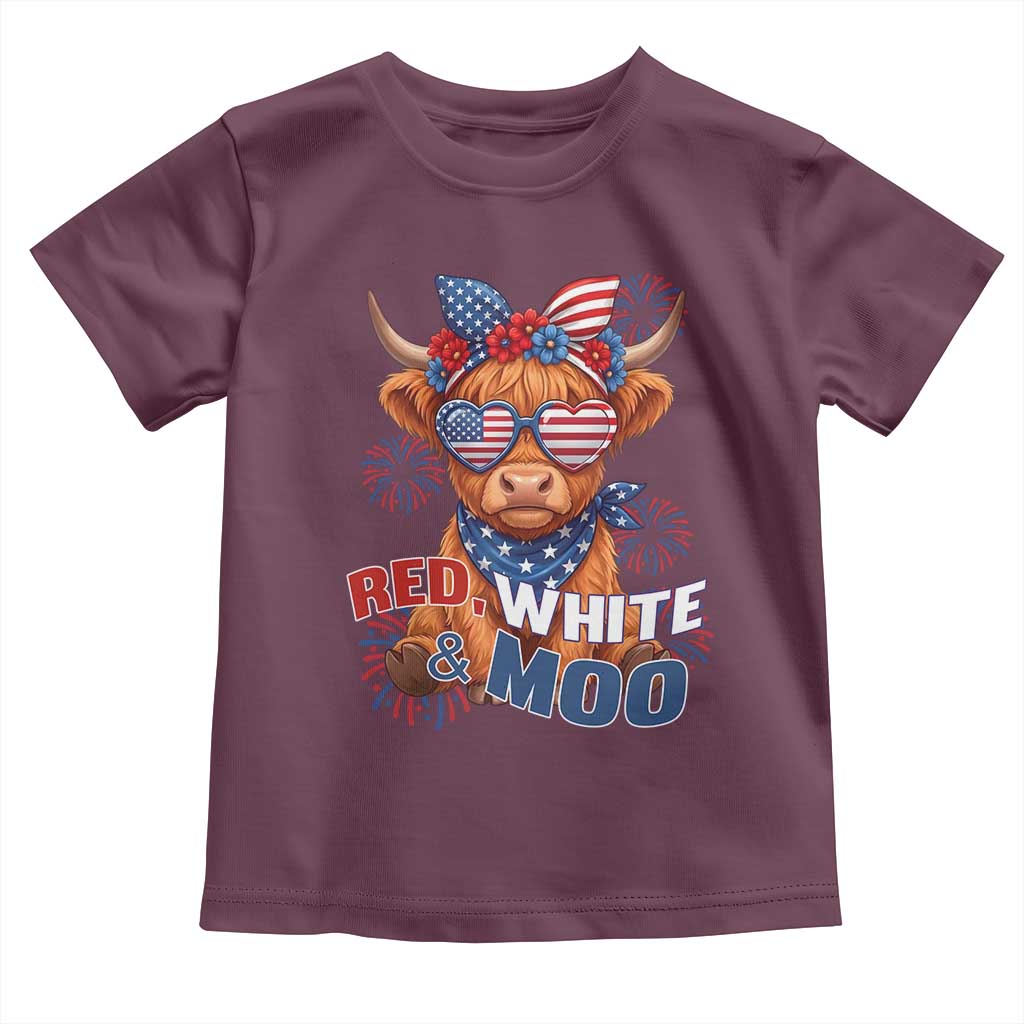 Red White and Moo Funny Patriotic Highland Cow Toddler T Shirt Cute American Flag Sunglasses and Bandana Summer Fireworks