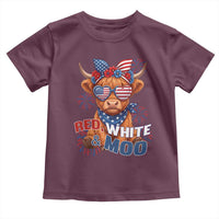 Red White and Moo Funny Patriotic Highland Cow Toddler T Shirt Cute American Flag Sunglasses and Bandana Summer Fireworks