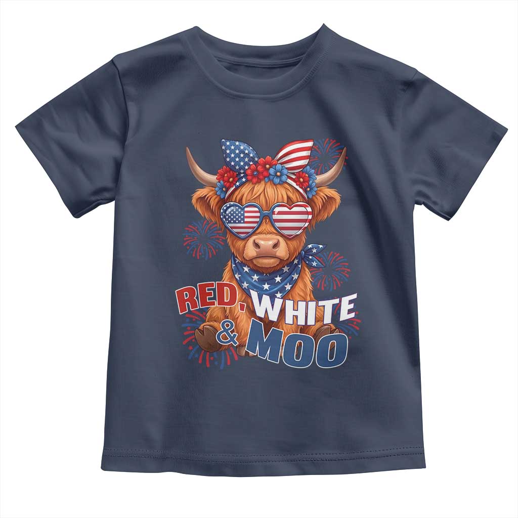 Red White and Moo Funny Patriotic Highland Cow Toddler T Shirt Cute American Flag Sunglasses and Bandana Summer Fireworks