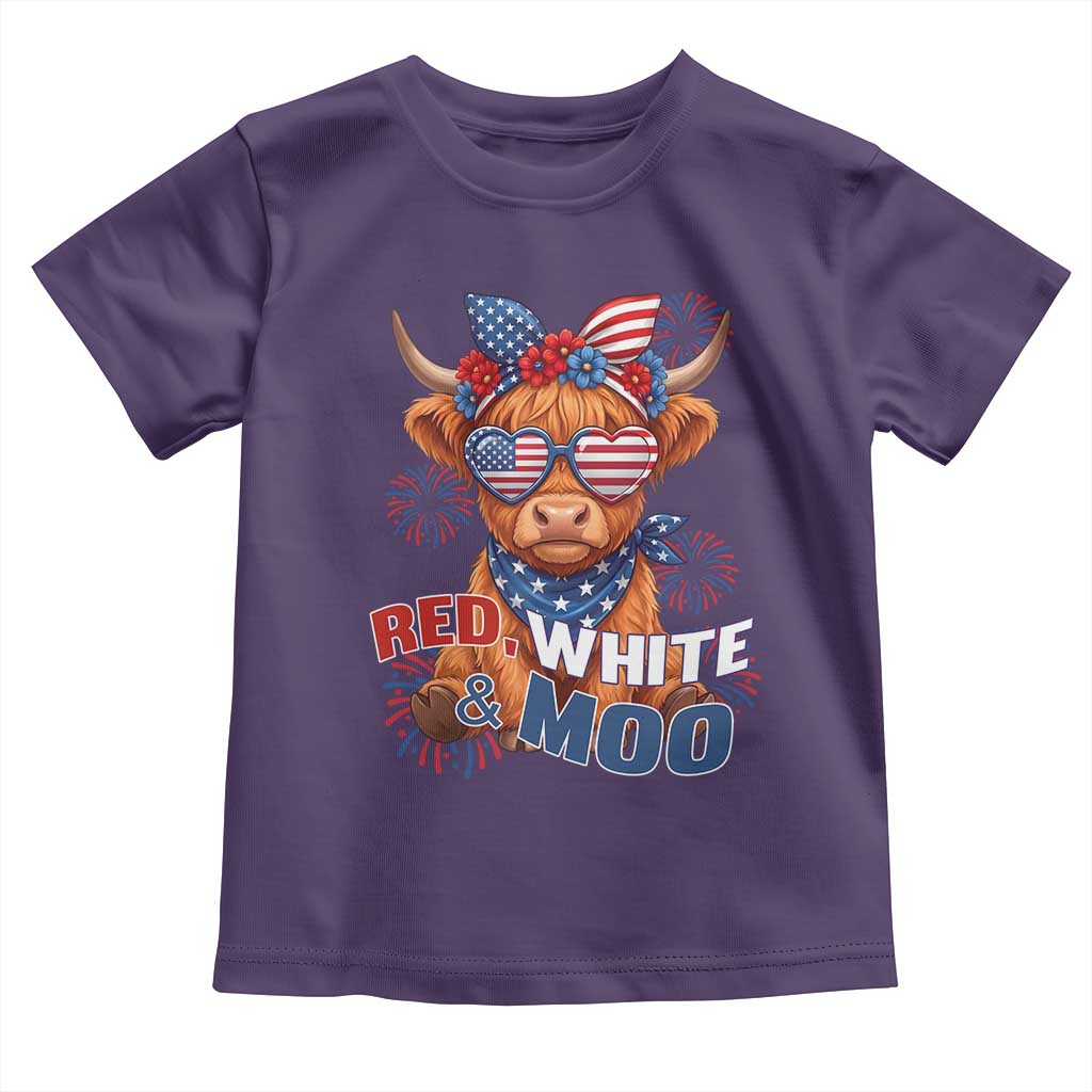 Red White and Moo Funny Patriotic Highland Cow Toddler T Shirt Cute American Flag Sunglasses and Bandana Summer Fireworks