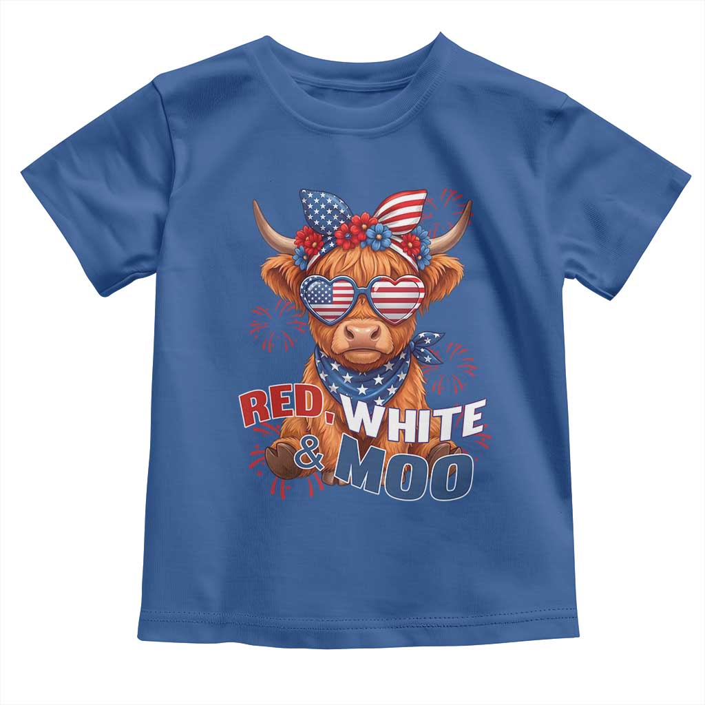 Red White and Moo Funny Patriotic Highland Cow Toddler T Shirt Cute American Flag Sunglasses and Bandana Summer Fireworks