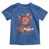 Red White and Moo Funny Patriotic Highland Cow Toddler T Shirt Cute American Flag Sunglasses and Bandana Summer Fireworks
