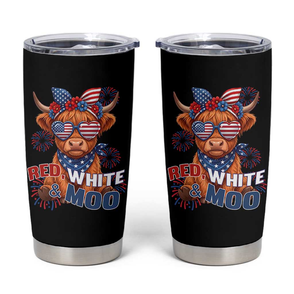 Red White and Moo Funny Patriotic Highland Cow Tumbler Cup Cute American Flag Sunglasses and Bandana Summer Fireworks