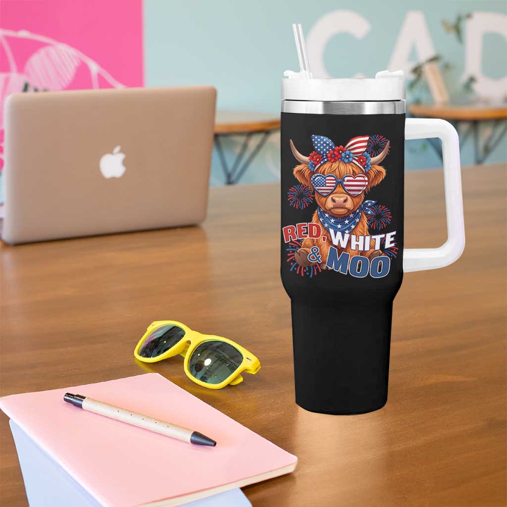 Red White and Moo Funny Patriotic Highland Cow Tumbler With Handle Cute American Flag Sunglasses and Bandana Summer Fireworks