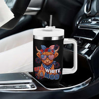 Red White and Moo Funny Patriotic Highland Cow Tumbler With Handle Cute American Flag Sunglasses and Bandana Summer Fireworks